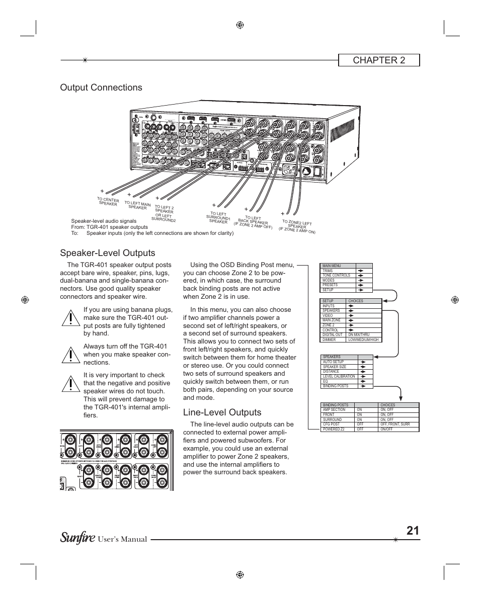 Chapter 2 output connections, Speaker-level outputs, Line-level outputs | User's manual | Sunfire TGR401 User Manual | Page 21 / 69