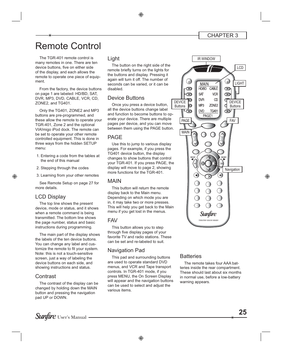 Remote control, Chapter 3, Lcd display | Contrast, Light, Device buttons, Page, Main, Navigation pad, Batteries | Sunfire TGR401 User Manual | Page 25 / 69