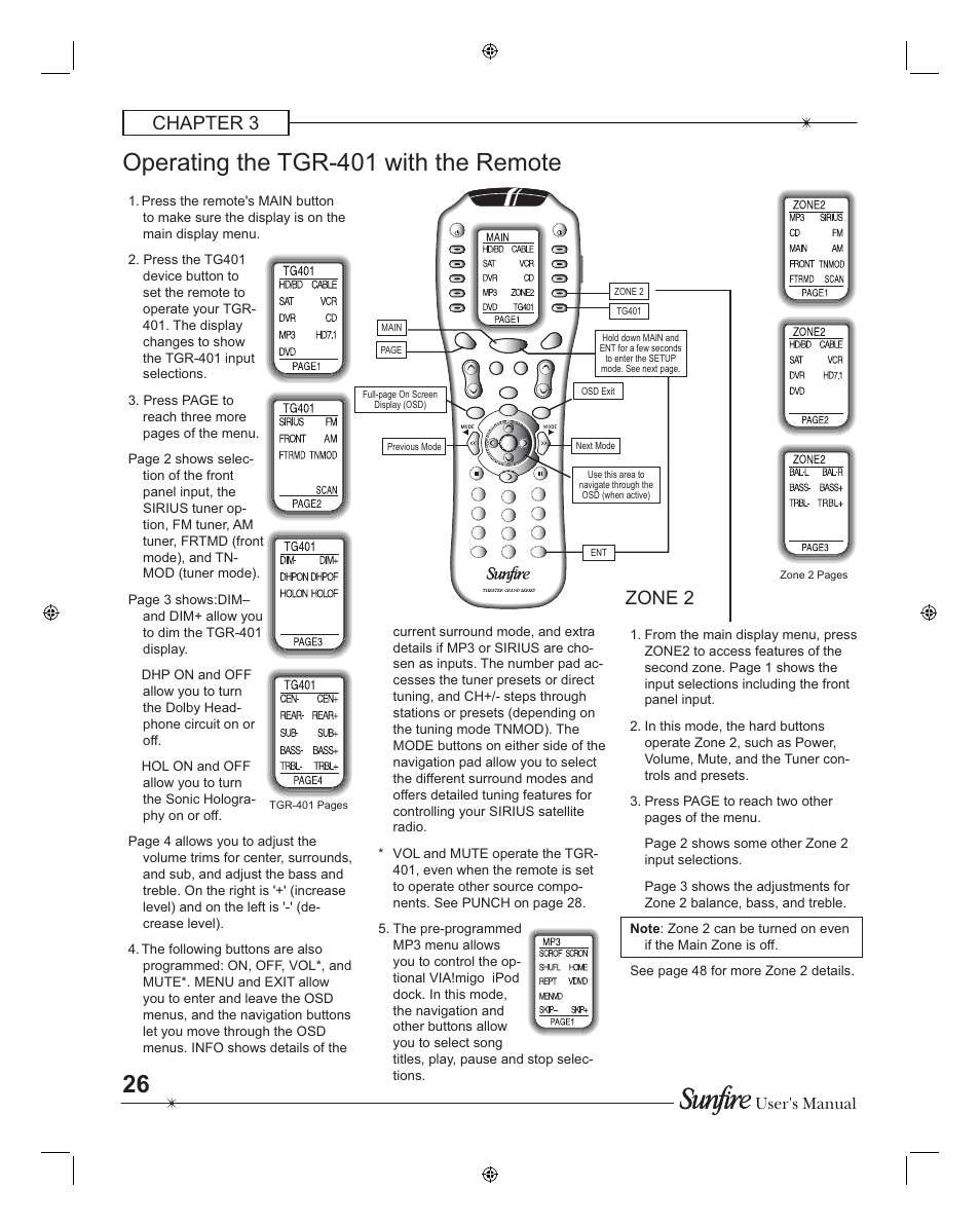 Operating the tgr-401 with the remote, Chapter 3, Zone 2 | User's manual | Sunfire TGR401 User Manual | Page 26 / 69