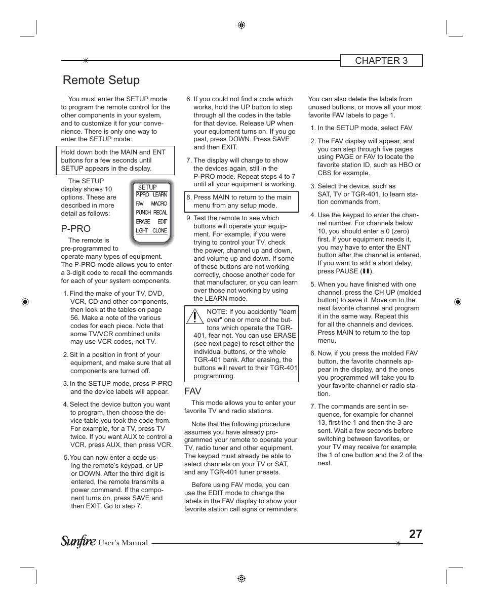 Remote setup, Chapter 3, P-pro | Sunfire TGR401 User Manual | Page 27 / 69