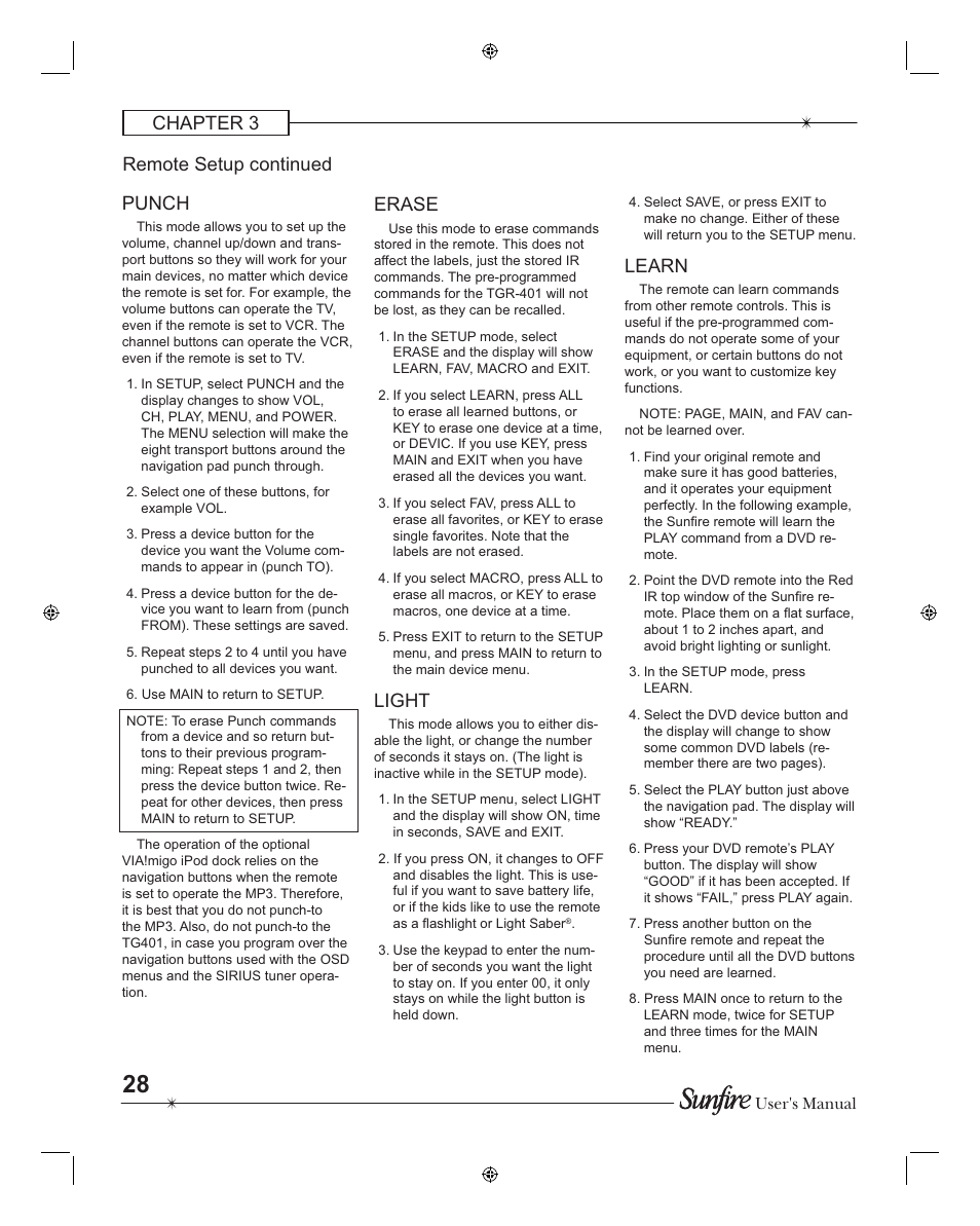 Chapter 3 punch, Remote setup continued erase, Light | Learn | Sunfire TGR401 User Manual | Page 28 / 69