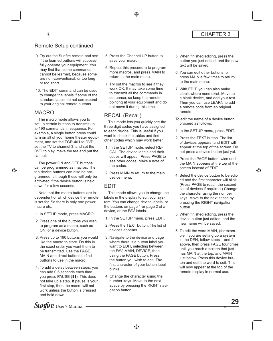 Chapter 3 remote setup continued, Macro, Recal (recall) | Edit | Sunfire TGR401 User Manual | Page 29 / 69