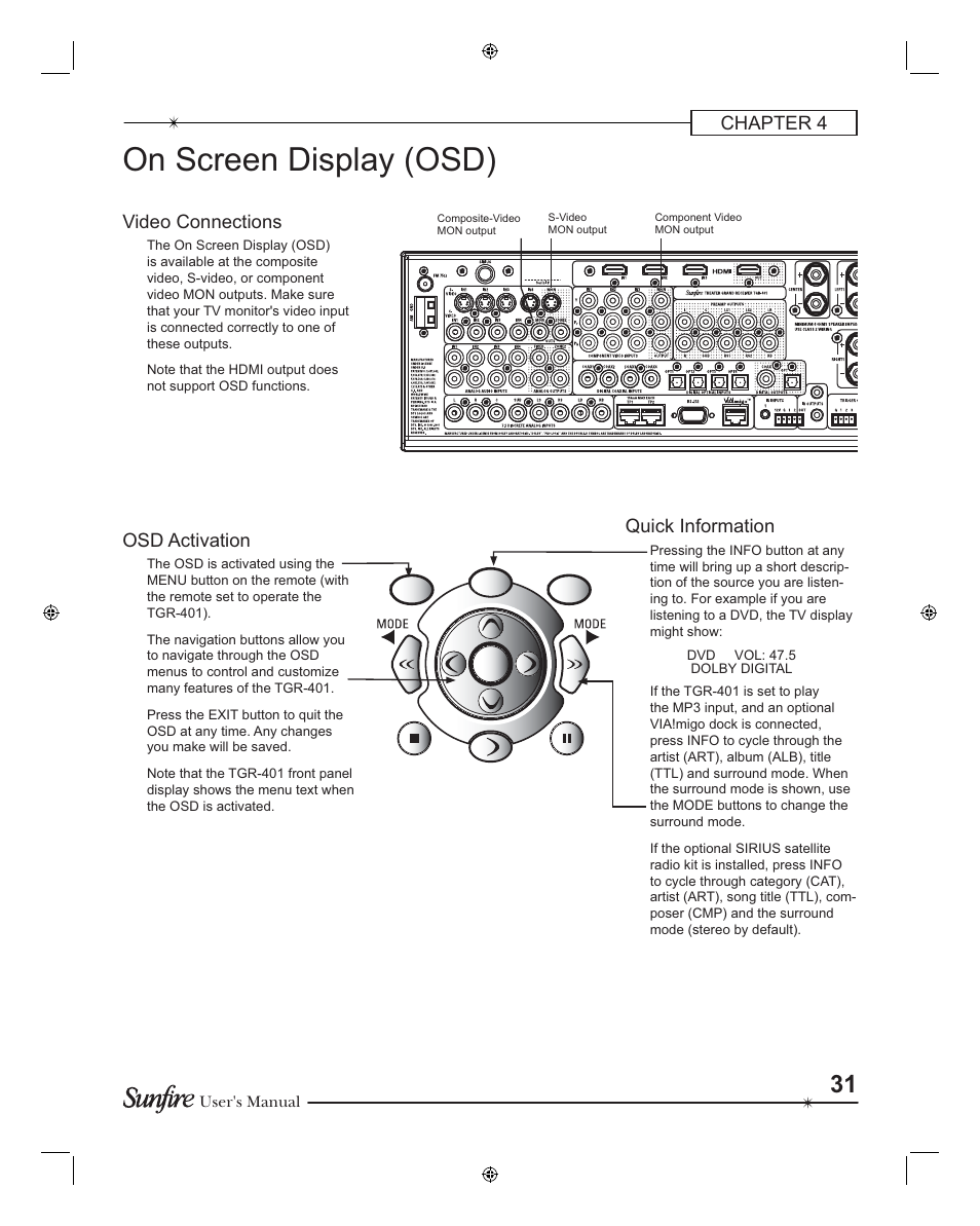 On screen display (osd), Chapter 4, Video connections | Osd activation, Quick information | Sunfire TGR401 User Manual | Page 31 / 69