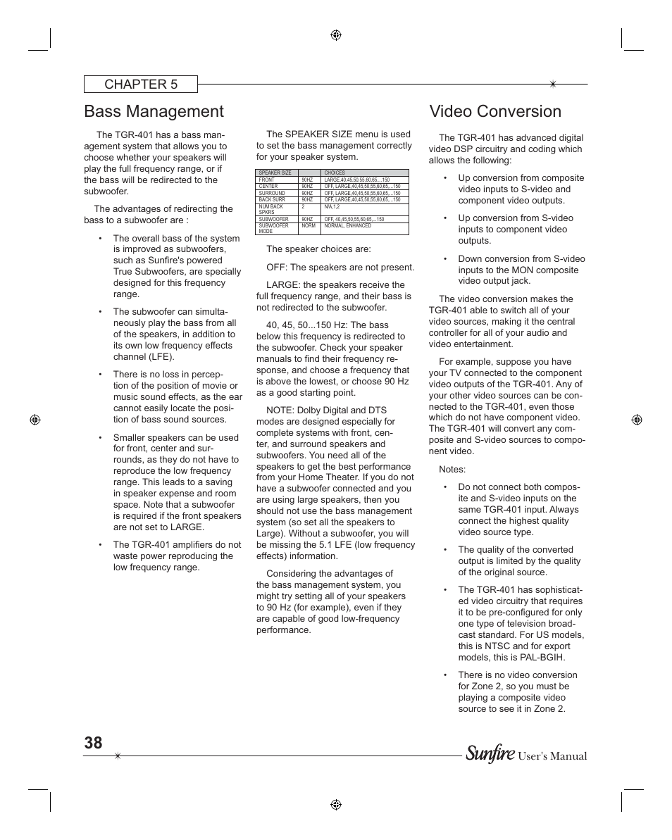 Video conversion, Bass management, Chapter 5 | User's manual | Sunfire TGR401 User Manual | Page 38 / 69