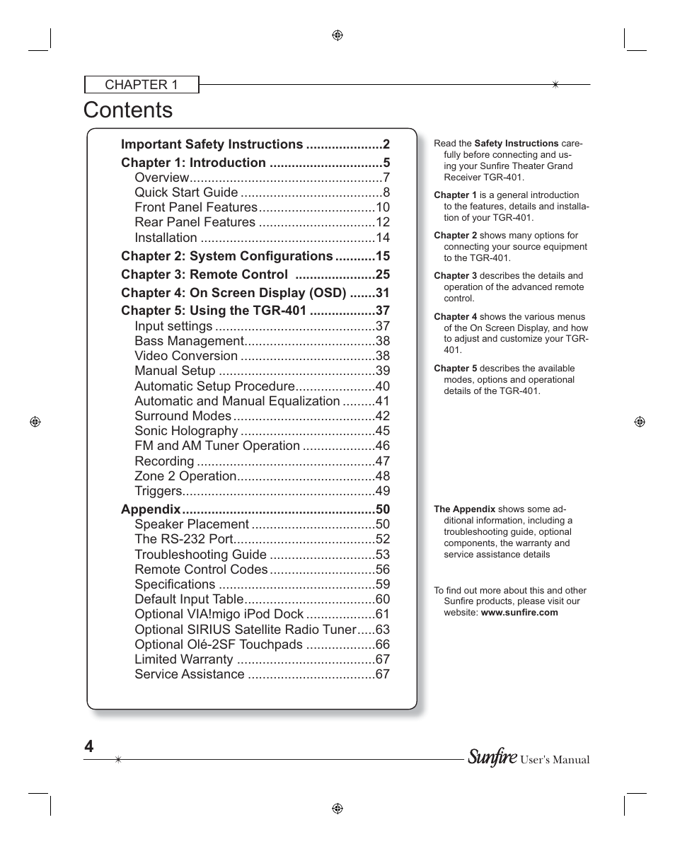 Sunfire TGR401 User Manual | Page 4 / 69