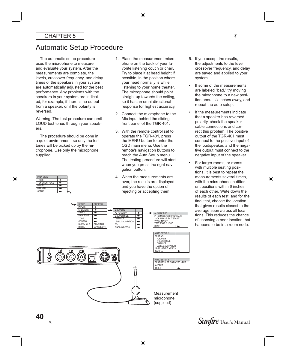 Automatic setup procedure, Chapter 5, User's manual | Sunfire TGR401 User Manual | Page 40 / 69