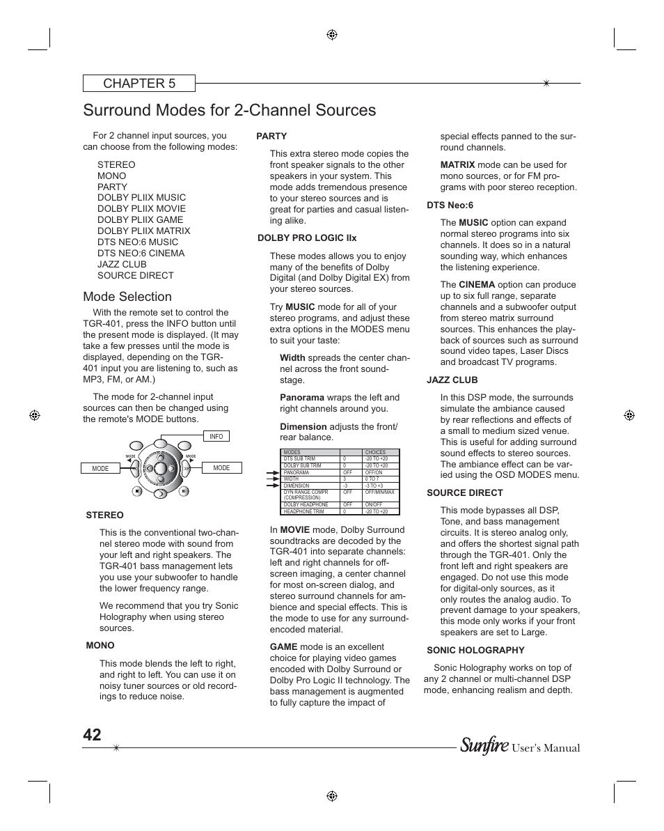 Surround modes for 2-channel sources, Chapter 5, Mode selection | User's manual | Sunfire TGR401 User Manual | Page 42 / 69