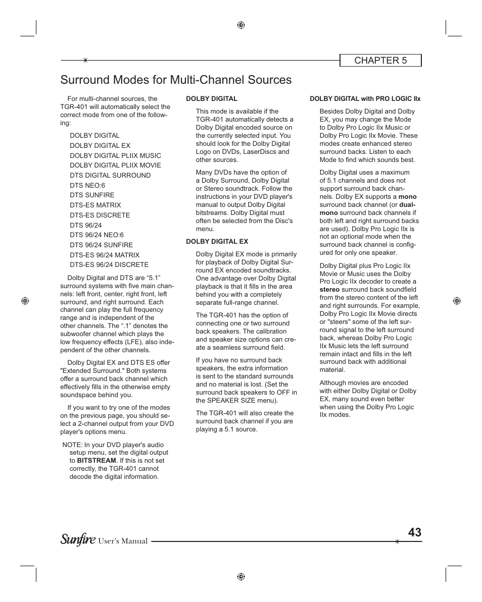 Surround modes for multi-channel sources, Chapter 5 | Sunfire TGR401 User Manual | Page 43 / 69