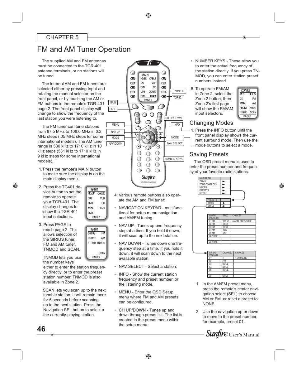 Fm and am tuner operation, Chapter 5, Changing modes | Saving presets, User's manual | Sunfire TGR401 User Manual | Page 46 / 69