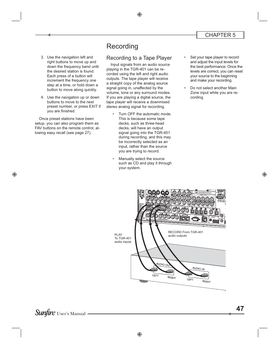 Recording, Chapter 5, Recording to a tape player | Sunfire TGR401 User Manual | Page 47 / 69