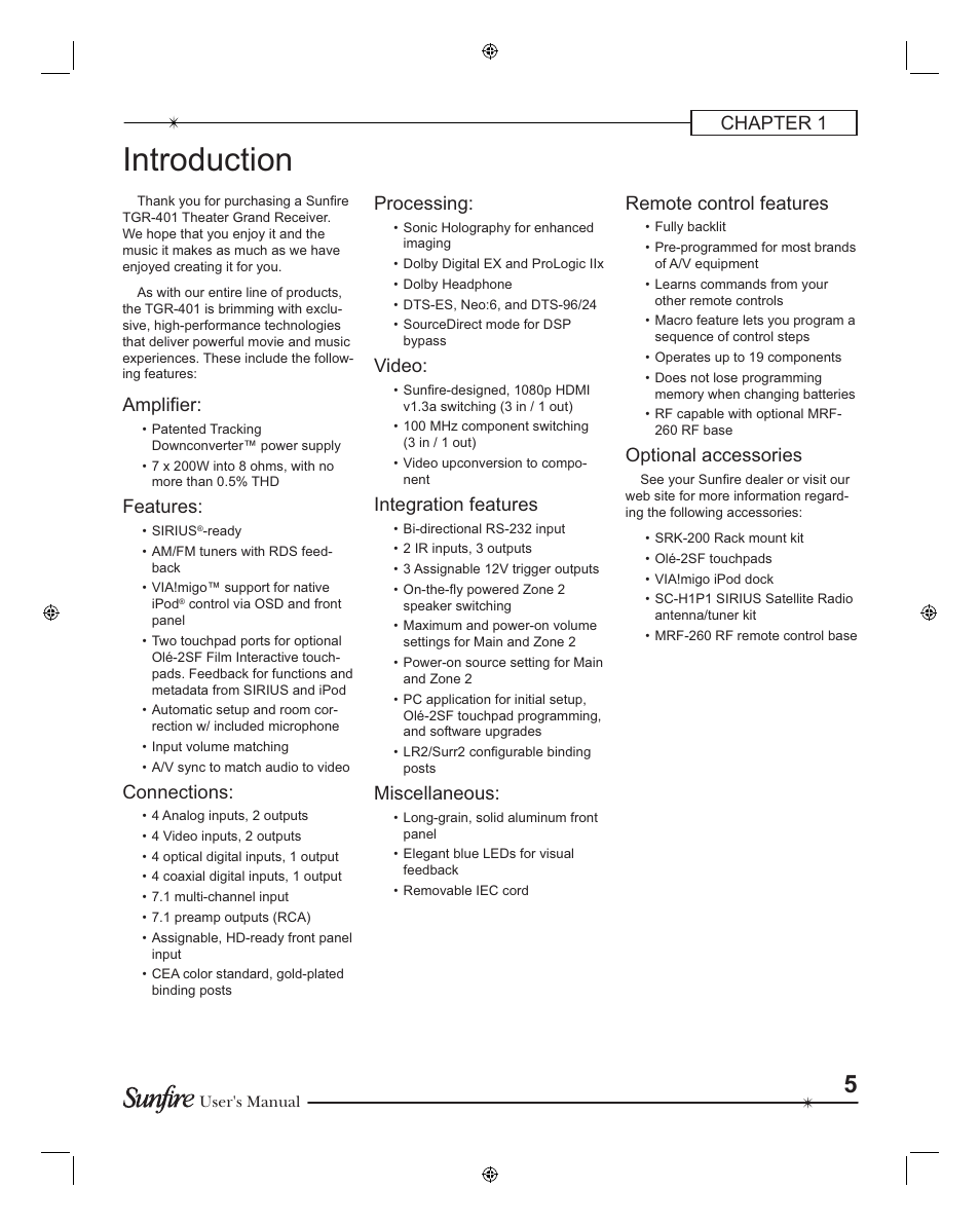 Introduction, Chapter 1 processing, Video | Integration features, Miscellaneous, Remote control features, Optional accessories, Ampli¿ er, Features, Connections | Sunfire TGR401 User Manual | Page 5 / 69