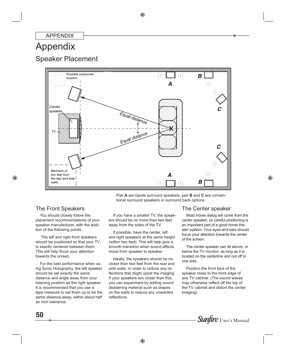 Appendix, Speaker place ment | Sunfire TGR401 User Manual | Page 50 / 69