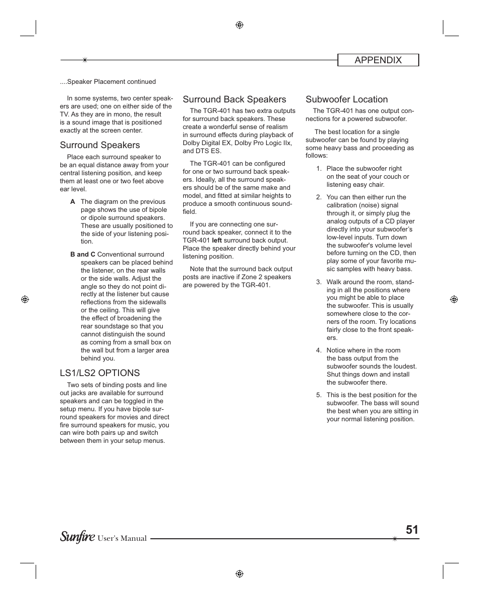 Appendix, Surround speak ers, Ls1/ls2 options | Surround back speakers, Subwoofer location | Sunfire TGR401 User Manual | Page 51 / 69