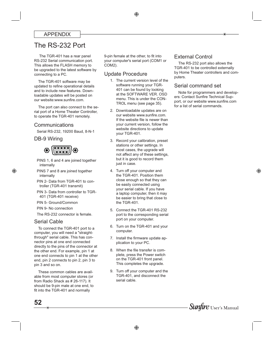 The rs-232 port, Appendix, Communications | Db-9 wiring, Serial cable, Update procedure, External control, Serial command set | Sunfire TGR401 User Manual | Page 52 / 69