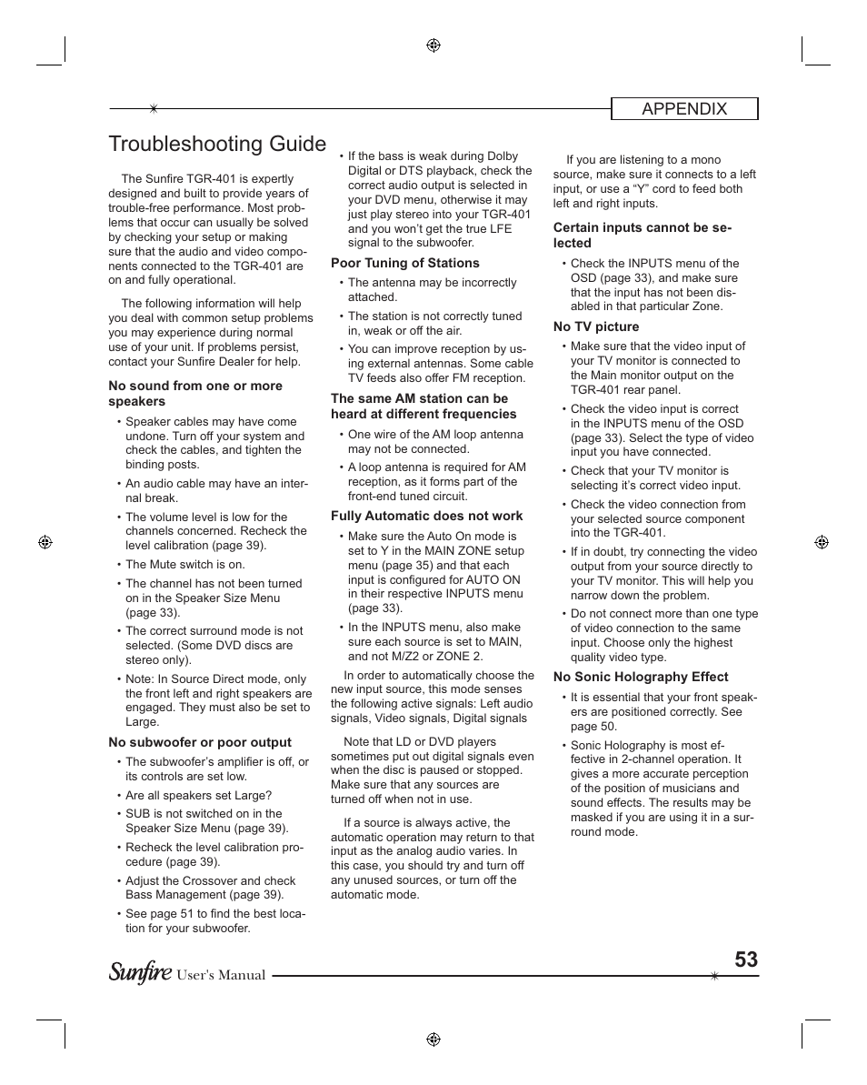 Troubleshooting guide, Appendix | Sunfire TGR401 User Manual | Page 53 / 69