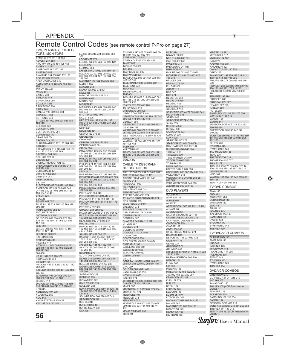 Remote control codes, Appendix, User's manual | See remote control p-pro on page 27) | Sunfire TGR401 User Manual | Page 56 / 69