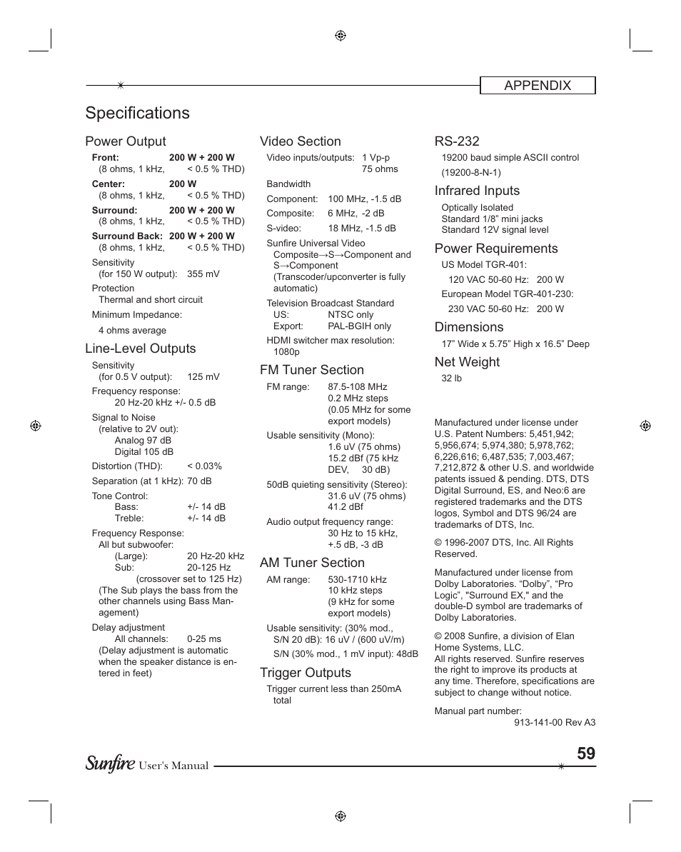 Speci¿ cations, Appendix, Power output | Line-level outputs, Trigger outputs, Rs-232, Infrared inputs, Power requirements, Dimensions, Net weight | Sunfire TGR401 User Manual | Page 59 / 69