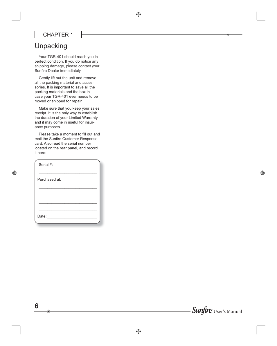 Unpacking, Chapter 1 | Sunfire TGR401 User Manual | Page 6 / 69