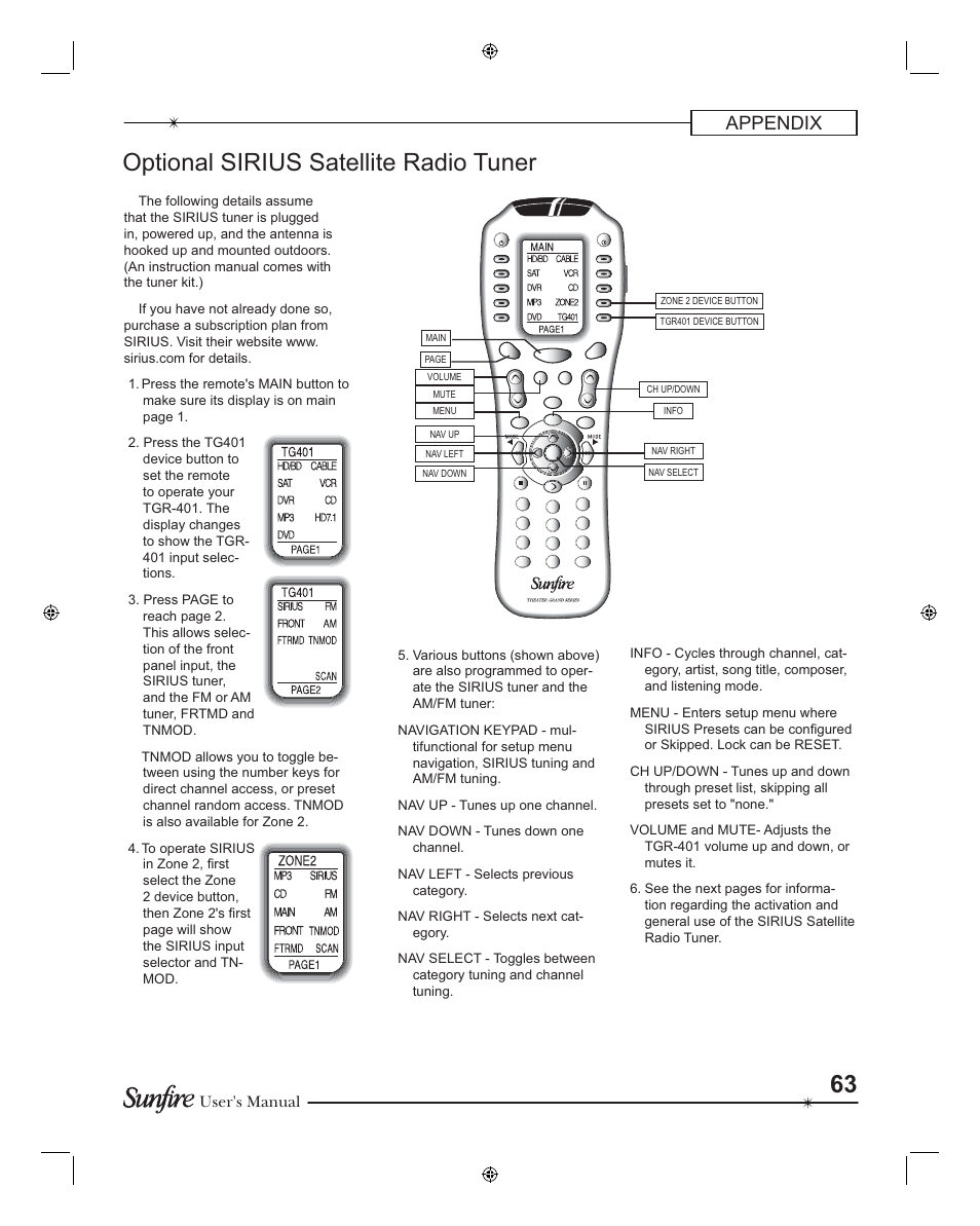 Optional sirius satellite radio tuner, Appendix, User's manual | Sunfire TGR401 User Manual | Page 63 / 69