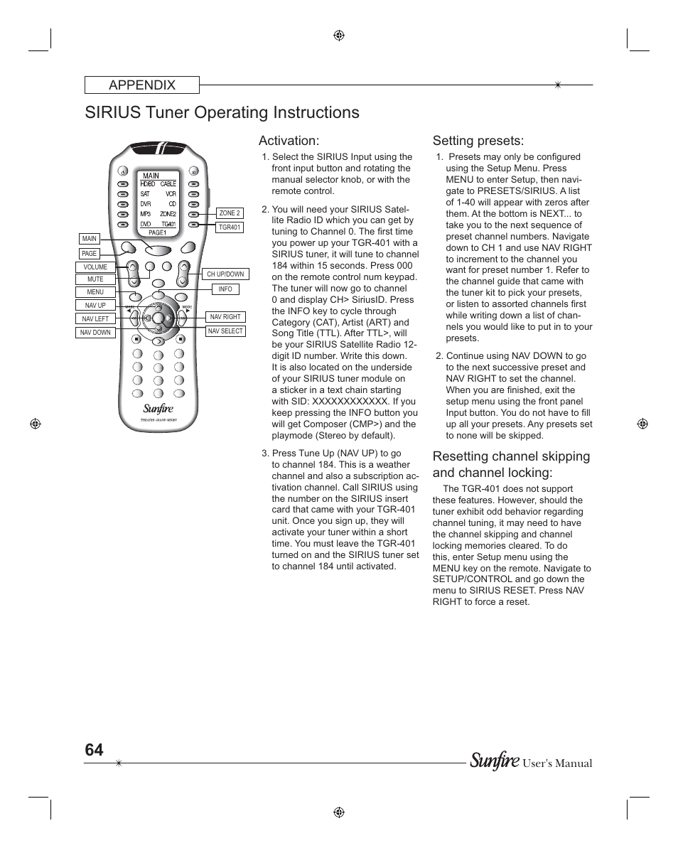 Sirius tuner operating instructions, Appendix, Activation | Setting presets, Resetting channel skipping and channel locking, User's manual | Sunfire TGR401 User Manual | Page 64 / 69