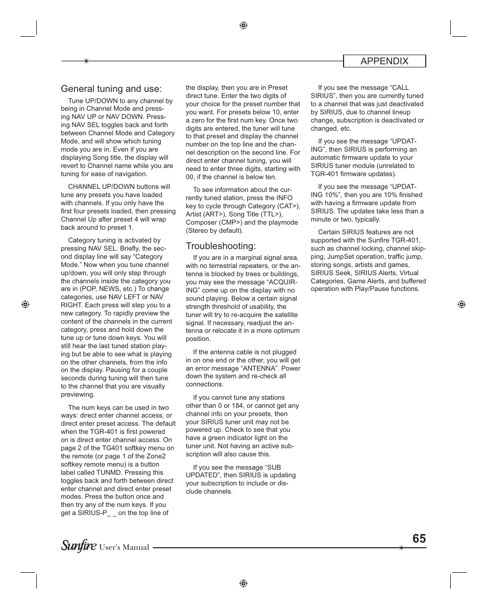 Appendix general tuning and use, Troubleshooting | Sunfire TGR401 User Manual | Page 65 / 69