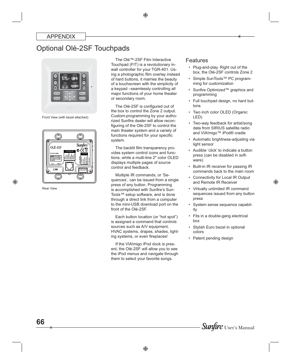 Optional olé-2sf touchpads, Appendix features | Sunfire TGR401 User Manual | Page 66 / 69