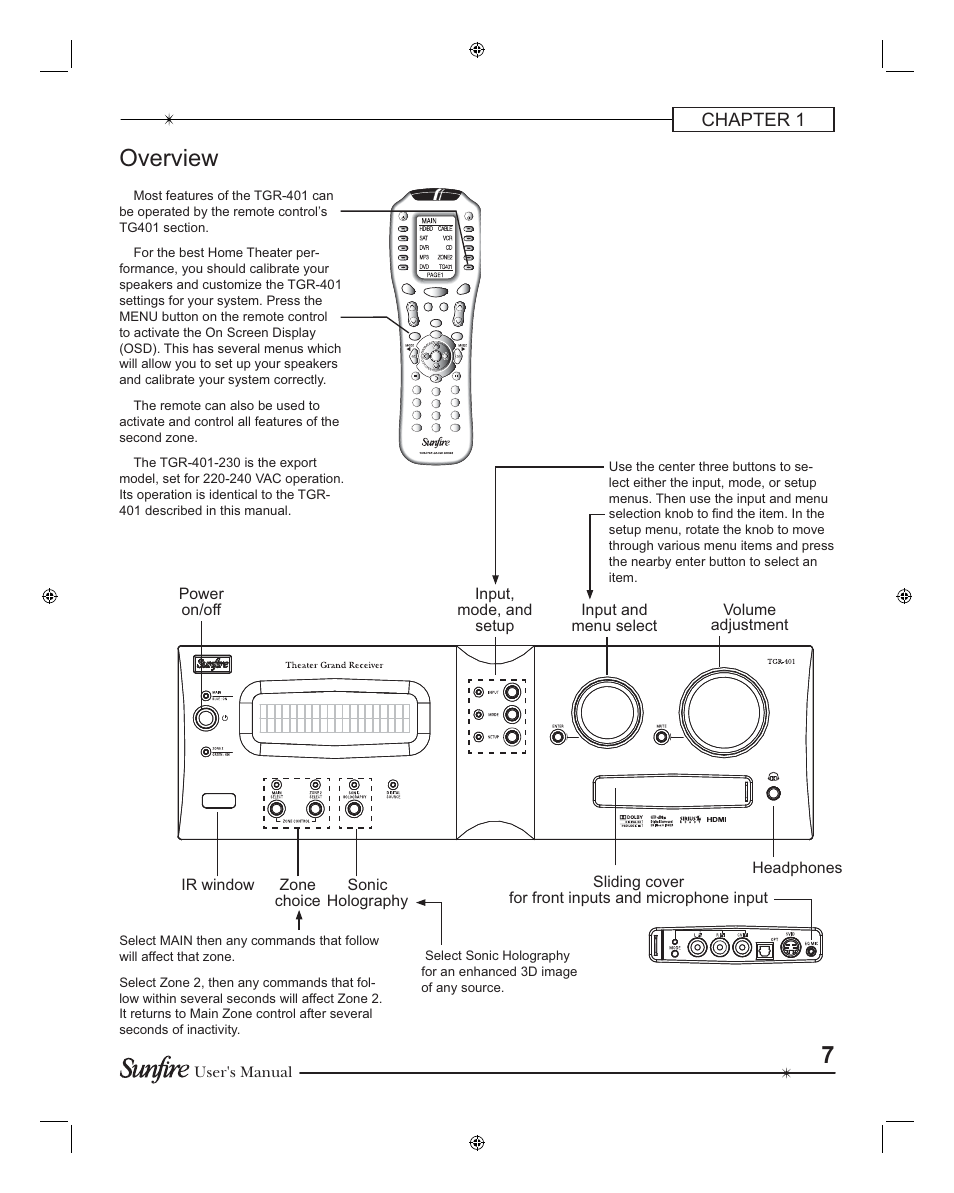 Overview, Chapter 1, User's manual | Volume ad just ment | Sunfire TGR401 User Manual | Page 7 / 69