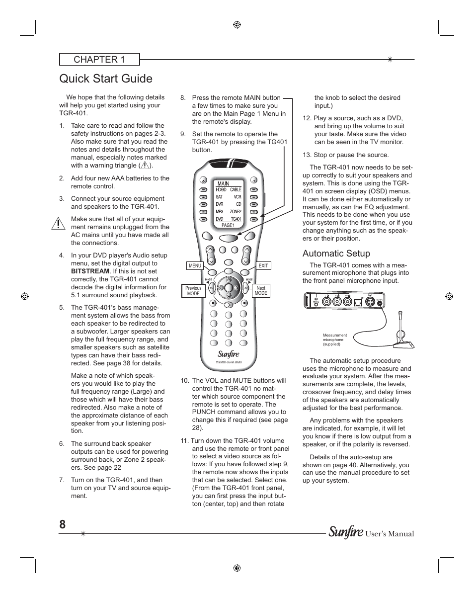 Quick start guide, Chapter 1, Automatic setup | User's manual | Sunfire TGR401 User Manual | Page 8 / 69