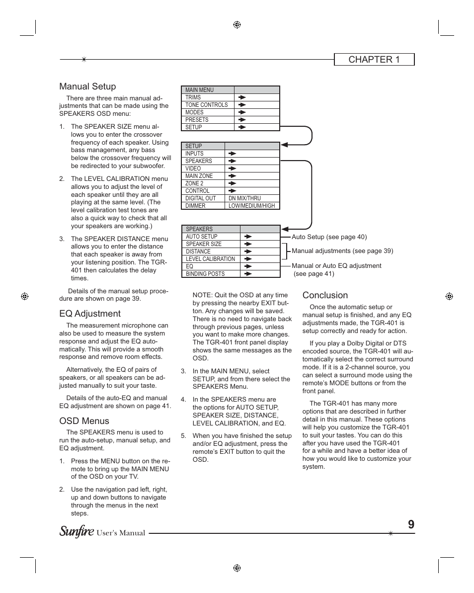 Chapter 1 manual setup, Eq adjustment, Osd menus | Conclusion | Sunfire TGR401 User Manual | Page 9 / 69