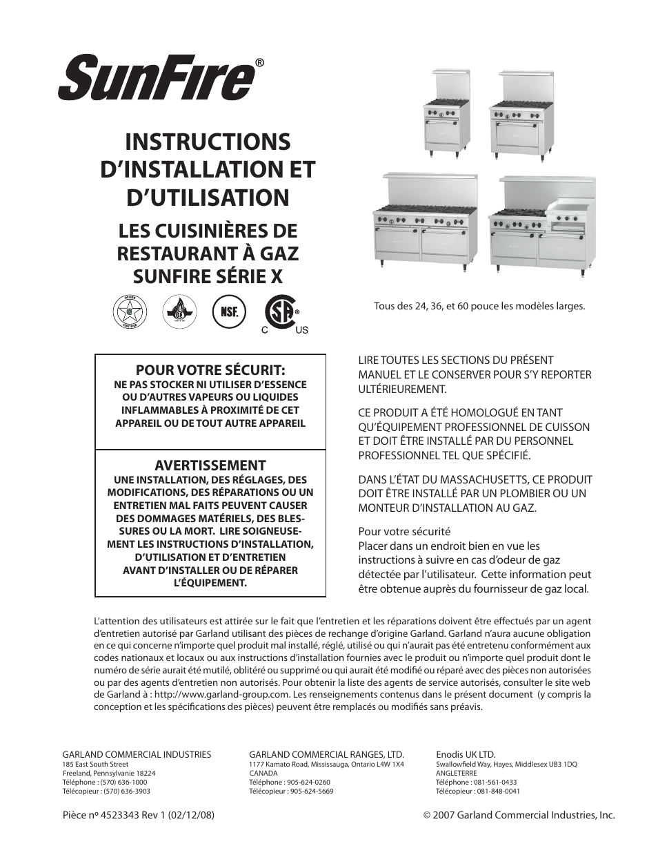 Instructions d’installation et d’utilisation, Pour votre sécurit, Avertissement | Sunfire X Series User Manual | Page 15 / 44