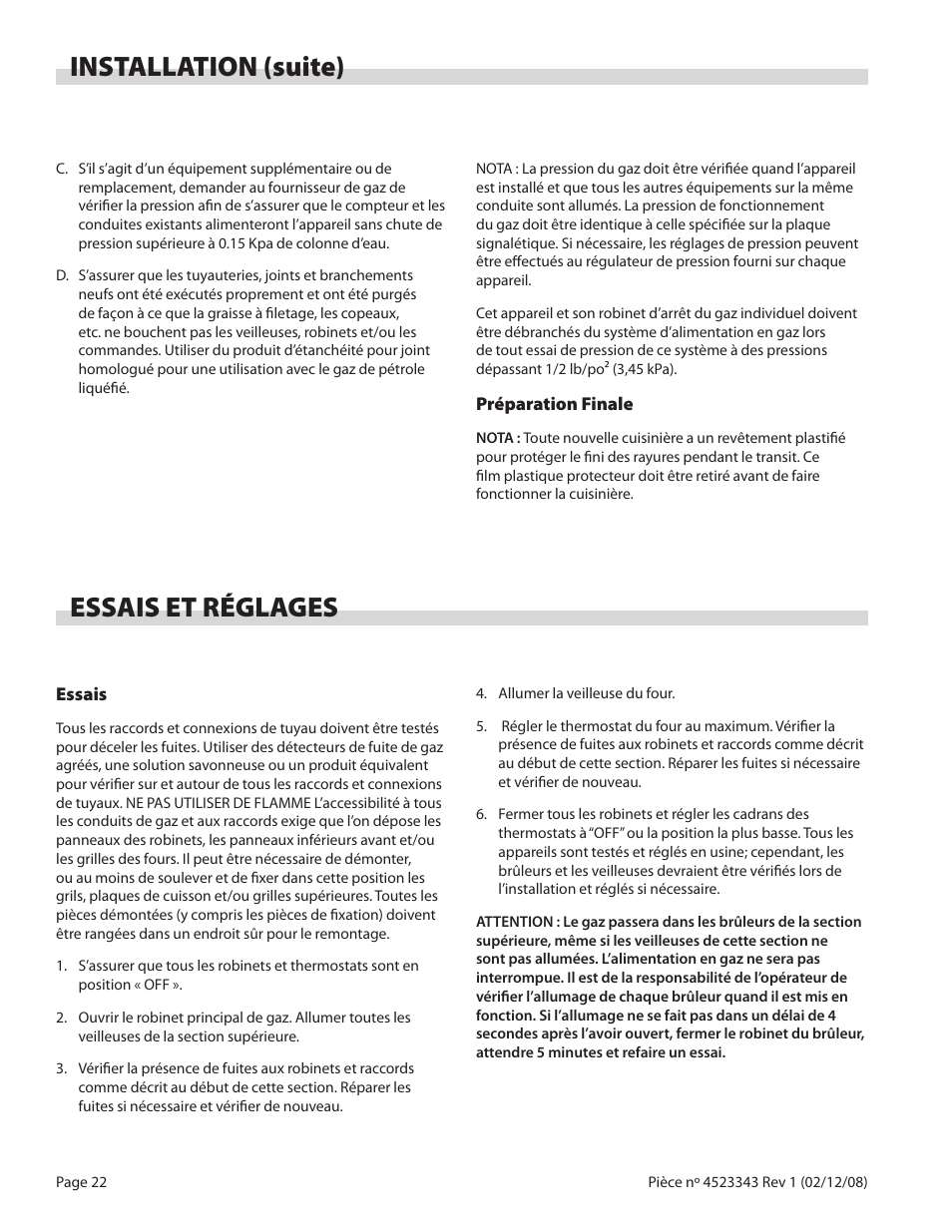 Installation (suite), Essais et réglages | Sunfire X Series User Manual | Page 22 / 44
