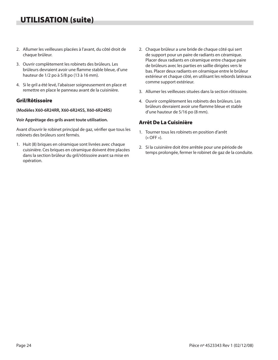 Utilisation (suite) | Sunfire X Series User Manual | Page 24 / 44