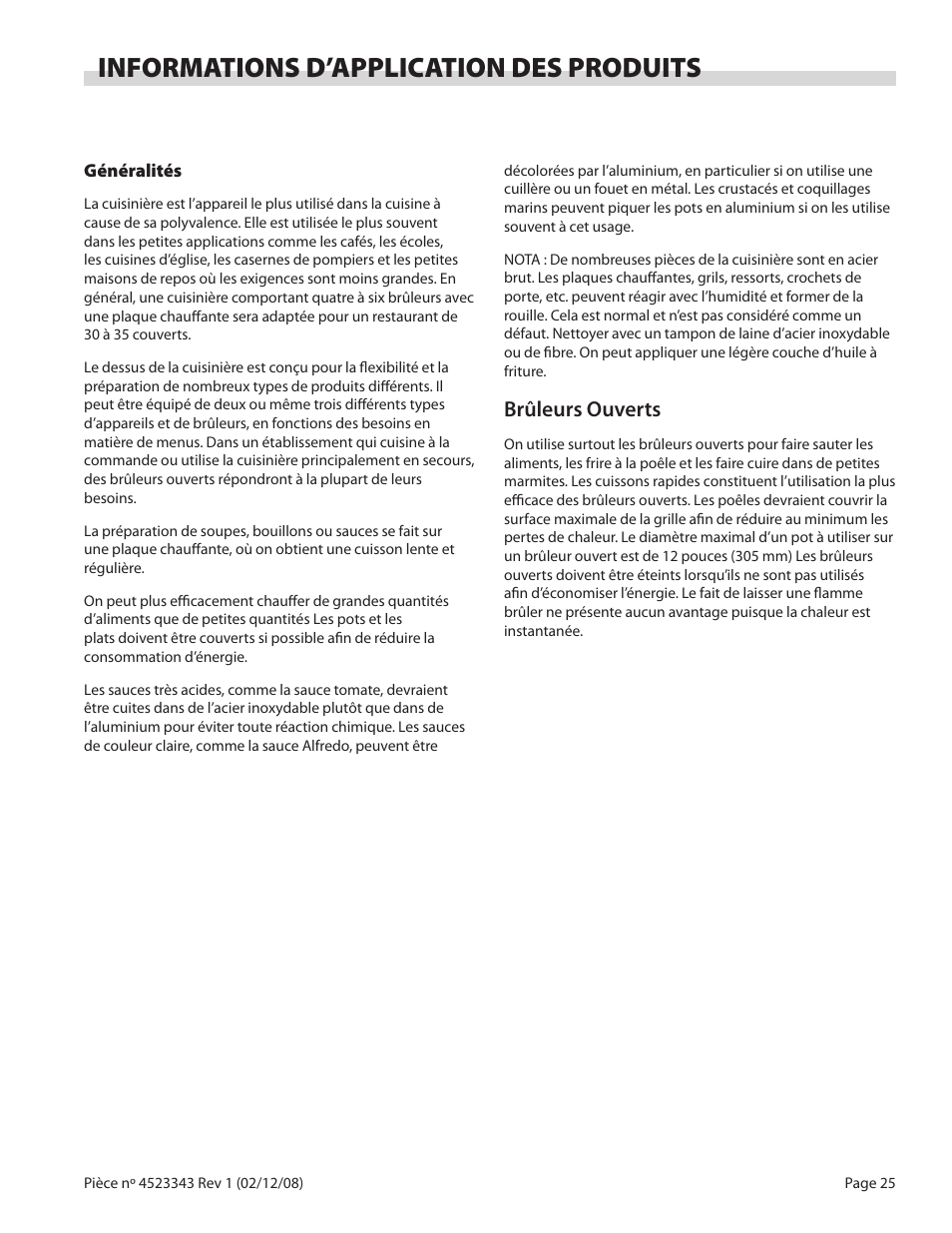 Informations d’application des produits, Brûleurs ouverts | Sunfire X Series User Manual | Page 25 / 44