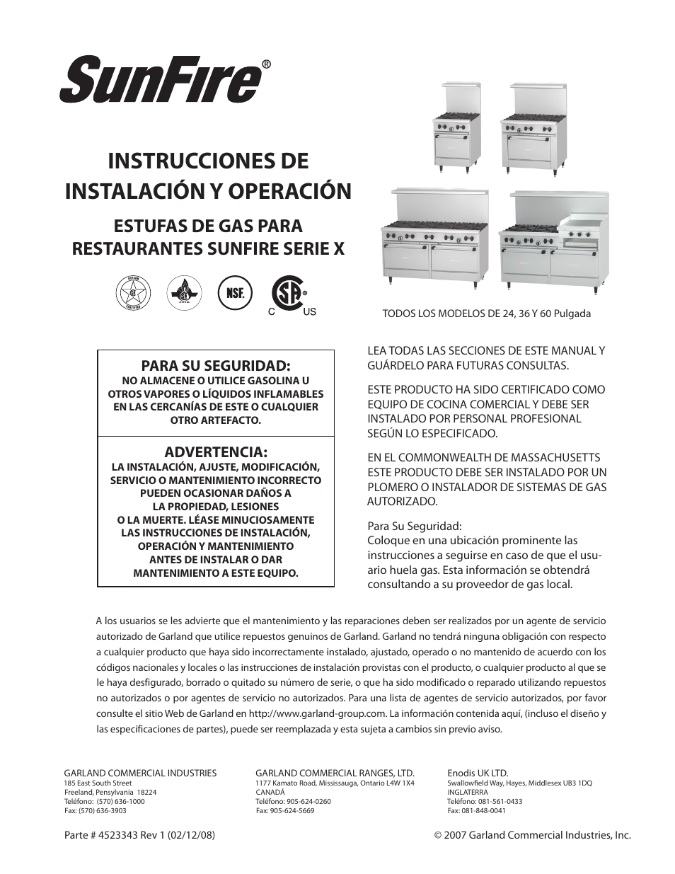 Instrucciones de instalación y operación, Estufas de gas para restaurantes sunfire serie x, Para su seguridad | Advertencia | Sunfire X Series User Manual | Page 29 / 44