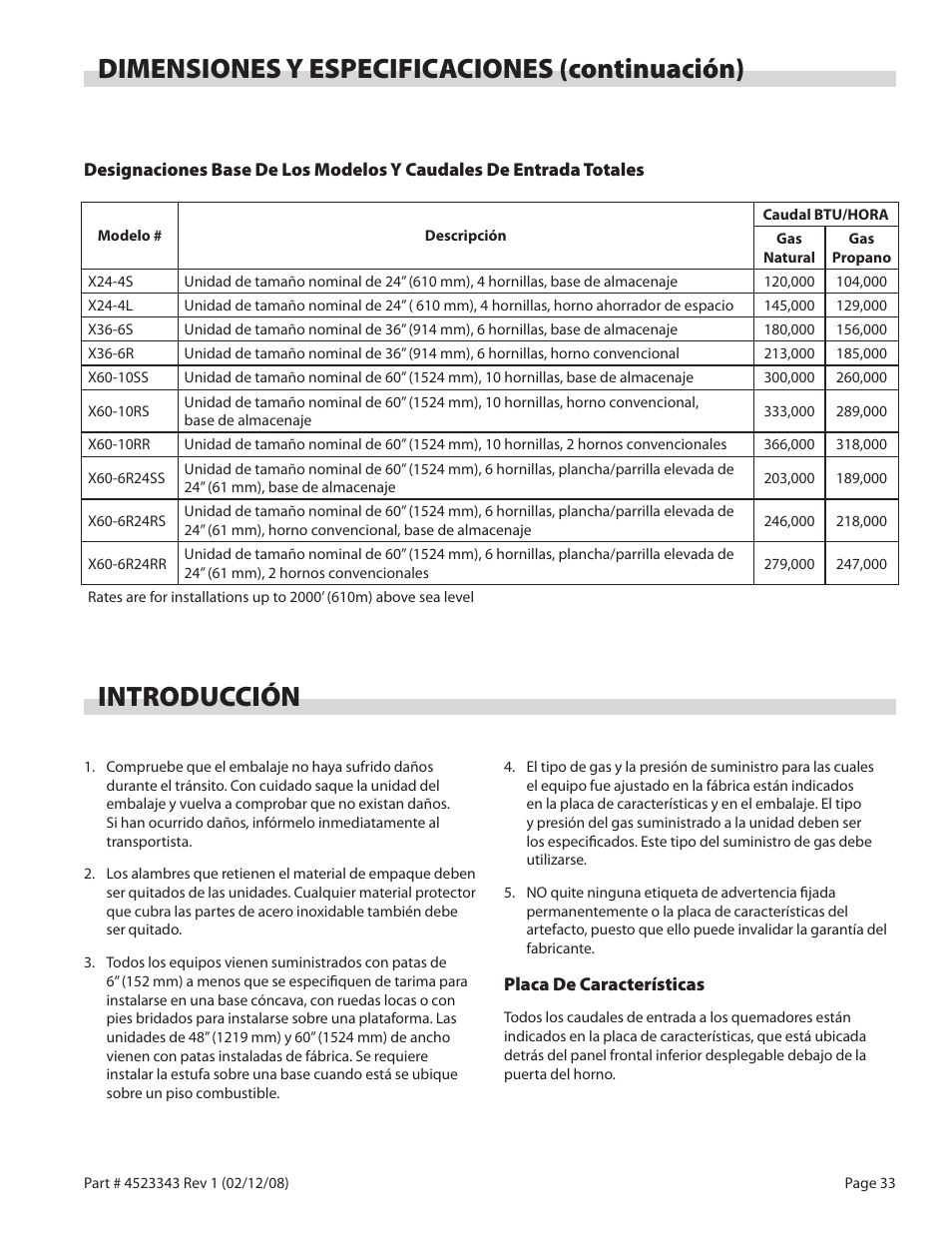 Dimensiones y especificaciones (continuación), Introducción | Sunfire X Series User Manual | Page 33 / 44
