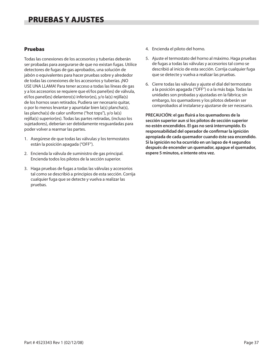 Pruebas y ajustes | Sunfire X Series User Manual | Page 37 / 44