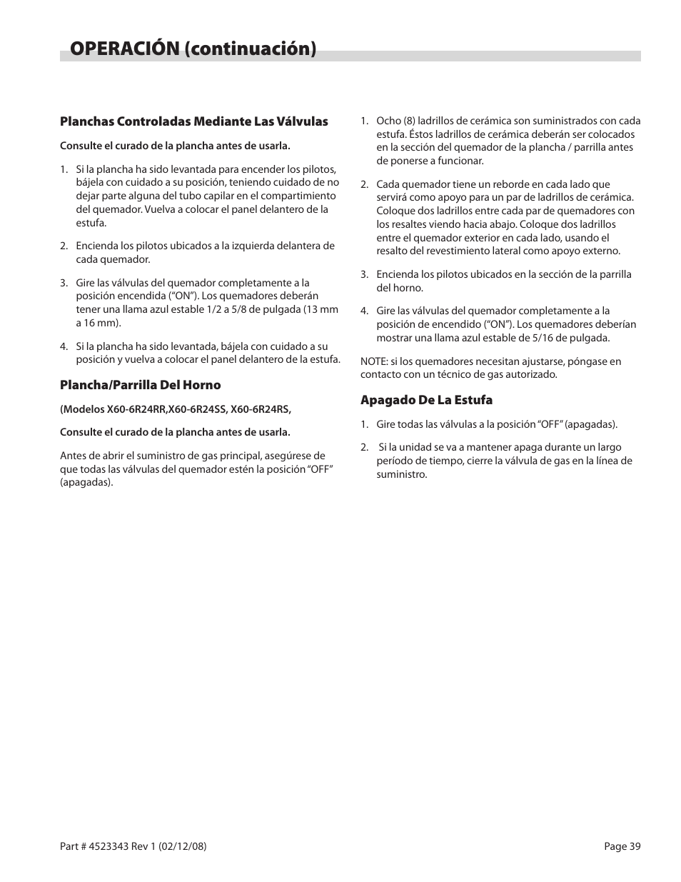 Operación (continuación) | Sunfire X Series User Manual | Page 39 / 44