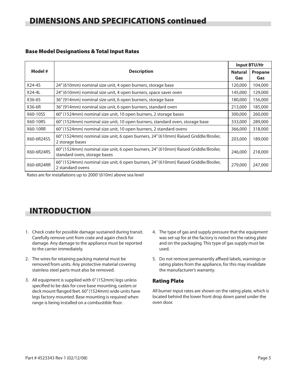 Dimensions and specifications continued, Introduction | Sunfire X Series User Manual | Page 5 / 44