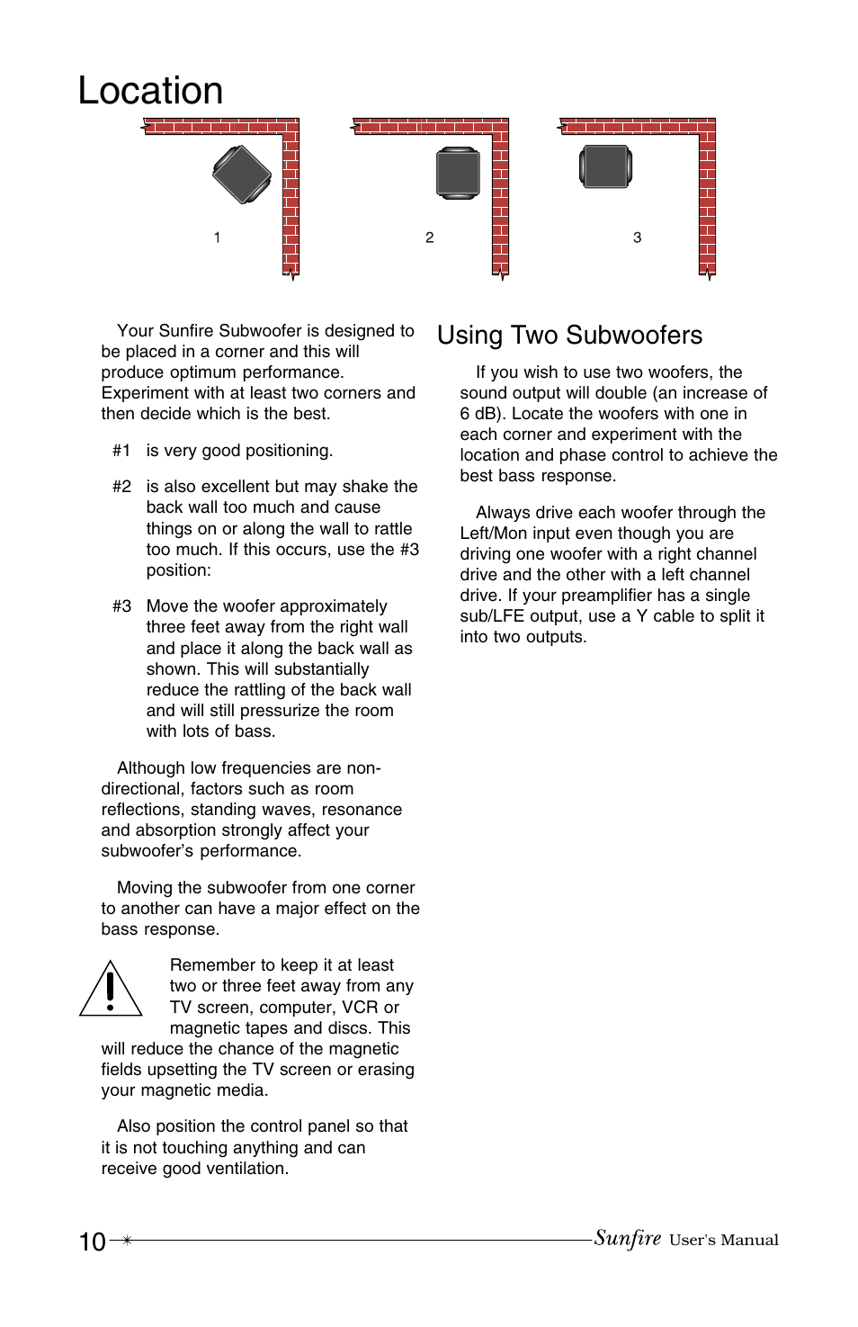 Location, Using two subwoofers | Sunfire MK IV User Manual | Page 10 / 20