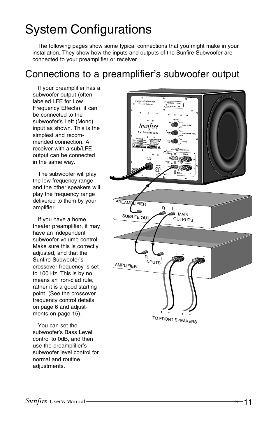 System configurations, Connections to a preamplifier’s subwoofer output | Sunfire MK IV User Manual | Page 11 / 20