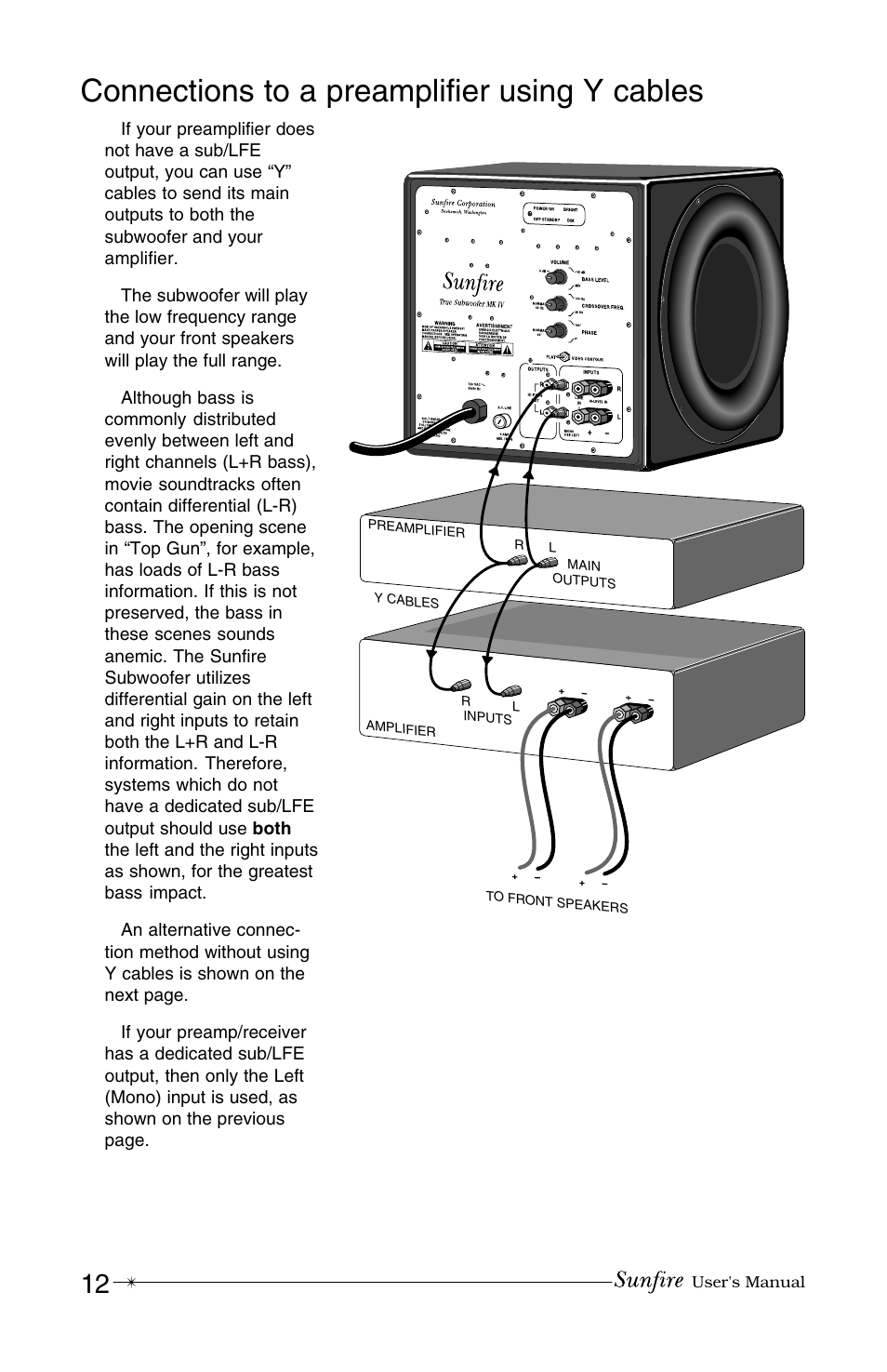 Connections to a preamplifier using y cables | Sunfire MK IV User Manual | Page 12 / 20