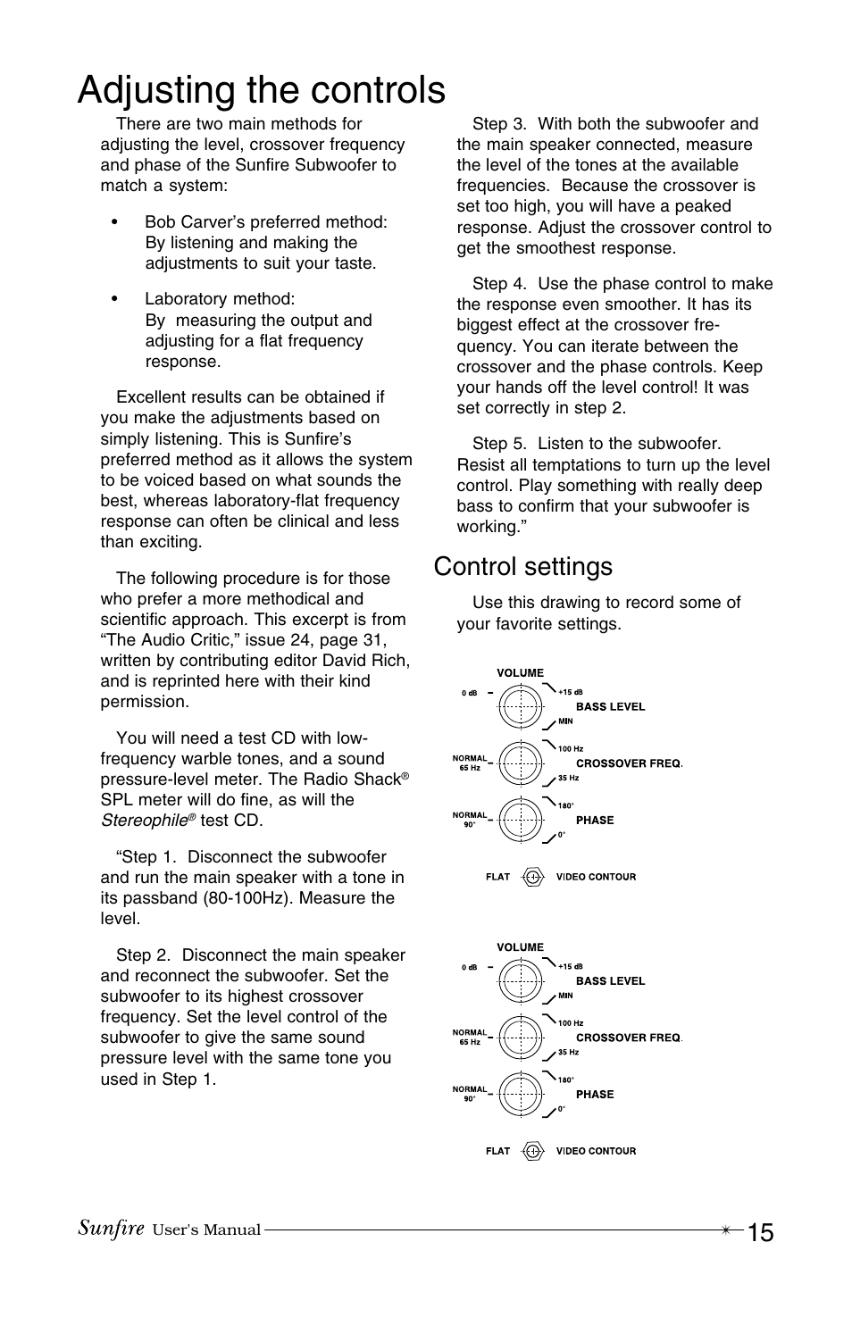 Adjusting the controls, Control settings | Sunfire MK IV User Manual | Page 15 / 20