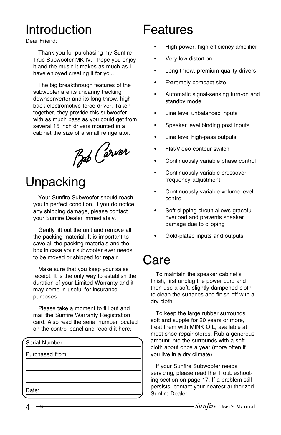 Unpacking features, Introduction, Care | Sunfire MK IV User Manual | Page 4 / 20