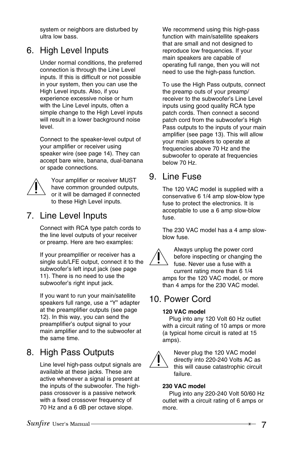 High level inputs, Line level inputs, High pass outputs | Line fuse, Power cord | Sunfire MK IV User Manual | Page 7 / 20