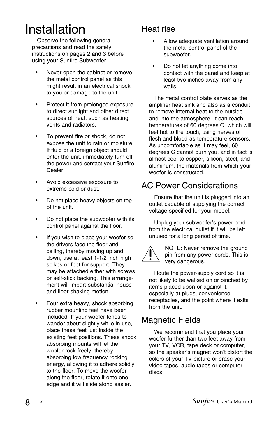 Installation, Heat rise, Ac power considerations | Magnetic fields | Sunfire MK IV User Manual | Page 8 / 20