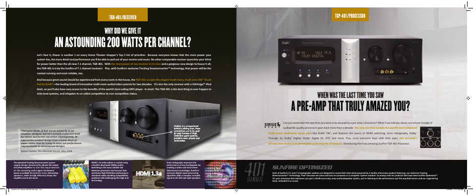 A pre-amp that truly amazed you, An astounding 200 watts per channel, Why did we give it when was the last time you saw | Hdmi 1.3 a, Sunfire optimized | Sunfire 401 Series User Manual | Page 5 / 8