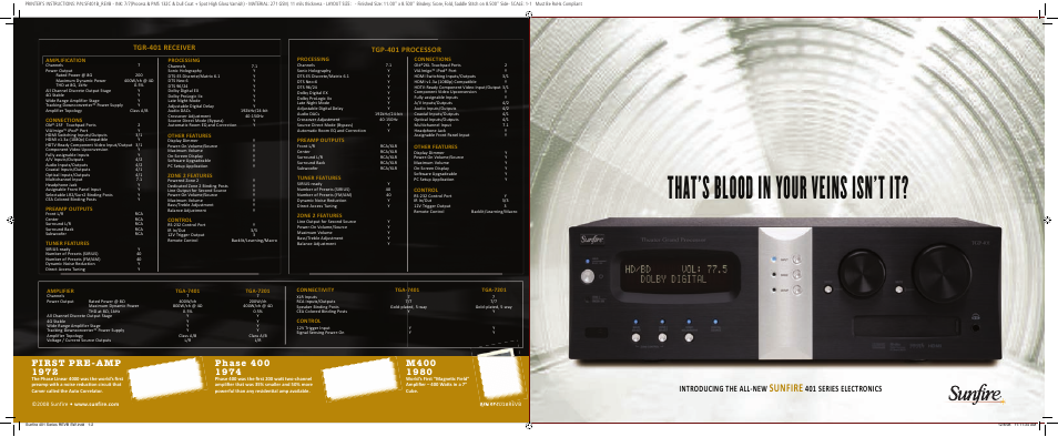 That’s blood in your veins isn’t it, Sunfire, Introducing the all-new | 401 series electronics, First pre-amp 1972, Blue led with word power cover, Tgp-401 processor, Tgr-401 receiver | Sunfire 401 Series User Manual | Page 8 / 8