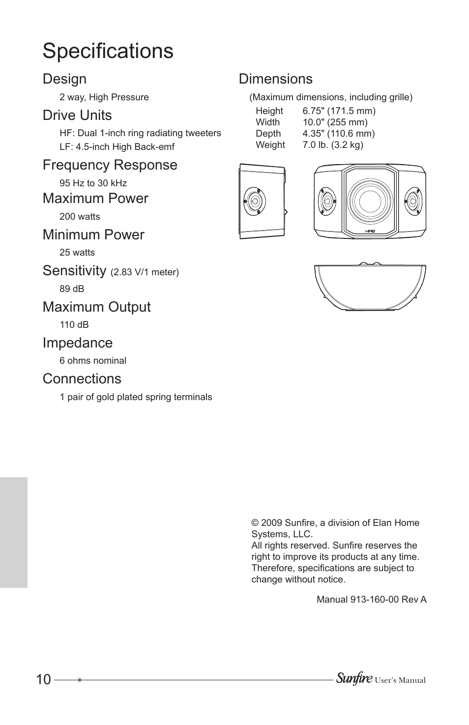 Specifications, Design, Drive units | Frequency response, Maximum power, Minimum power, Sensitivity, Maximum output, Impedance, Connections | Sunfire HRS-SAT4BIP User Manual | Page 10 / 12