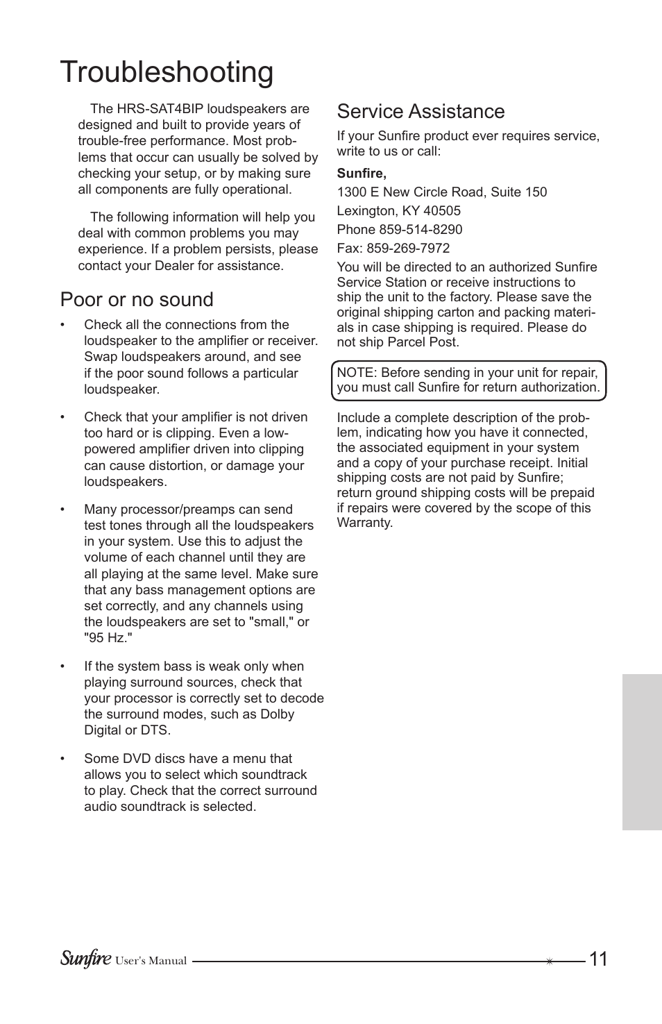 Troubleshooting, Poor or no sound, Service assistance | Sunfire HRS-SAT4BIP User Manual | Page 11 / 12