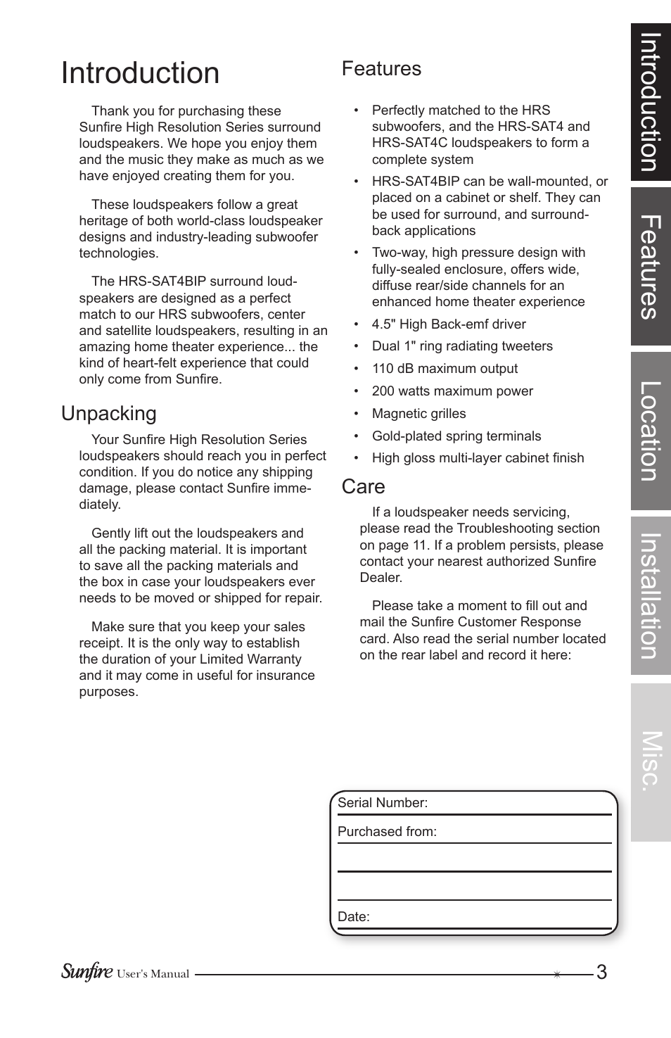 Introduction, Introduction features location installation, Misc | Features, Care, Unpacking | Sunfire HRS-SAT4BIP User Manual | Page 3 / 12